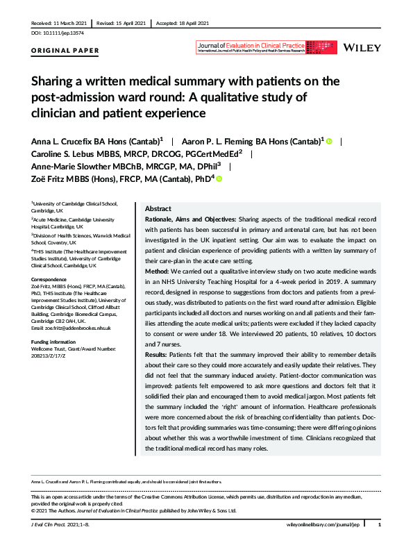 (PDF) Sharing a written medical summary with patients on the post ...