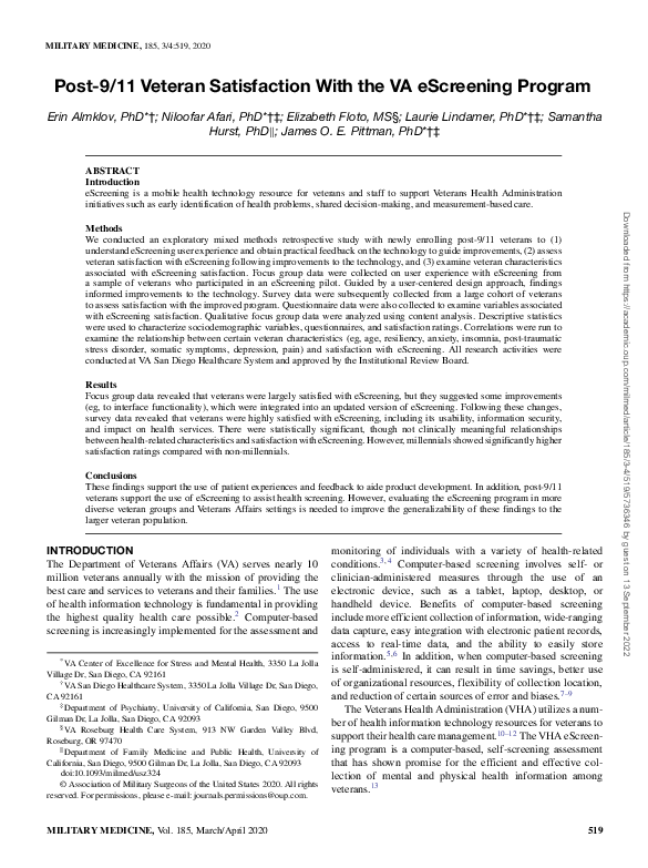 (PDF) Post-9/11 Veteran Satisfaction With the VA eScreening Program