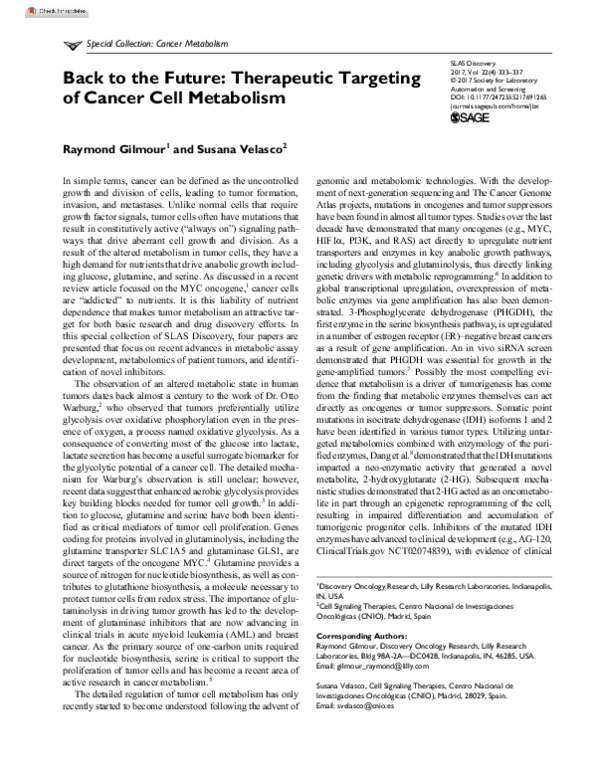 (PDF) Back to the Future: Therapeutic Targeting of Cancer Cell Metabolism