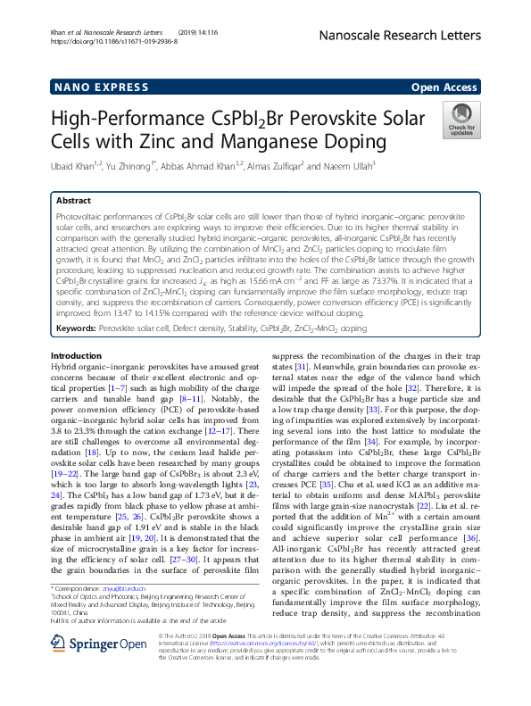 (PDF) High-Performance CsPbI2Br Perovskite Solar Cells with Zinc and ...