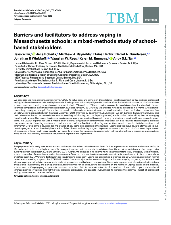(PDF) Barriers and facilitators to address vaping in Massachusetts ...