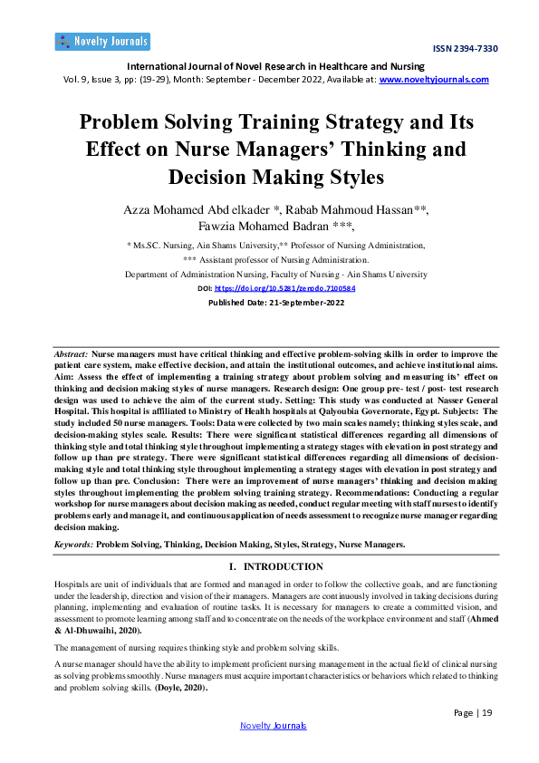 (PDF) Problem Solving Training Strategy and Its Effect on Nurse ...