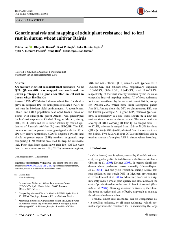 (PDF) Genetic analysis and mapping of adult plant resistance loci to ...