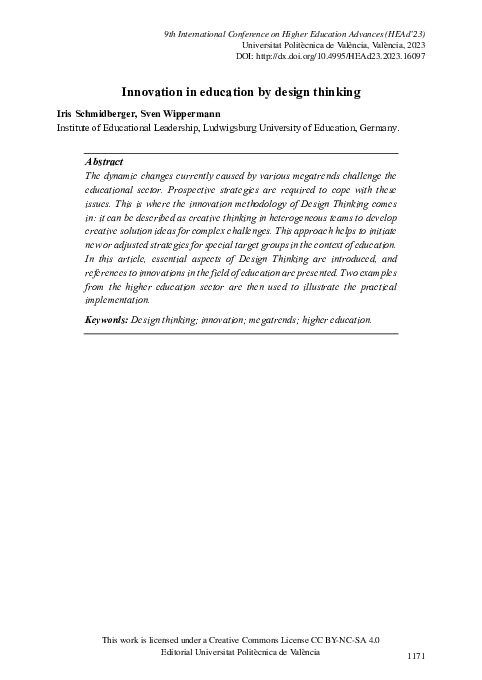 (PDF) Innovation in Education by Design Thinking
