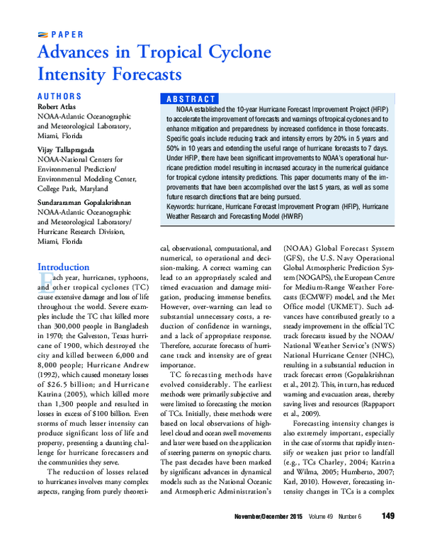 (PDF) Advances in Tropical Cyclone Intensity Forecasts
