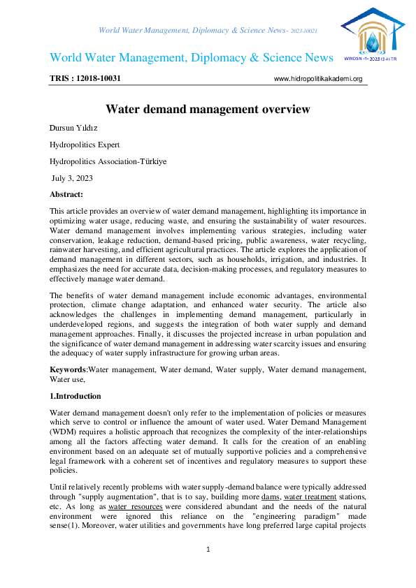 (PDF) Water Demand Management Overview -Dursun Yıldız