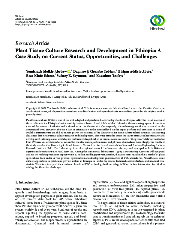 (PDF) Plant Tissue Culture Research and Development in Ethiopia: A Case ...