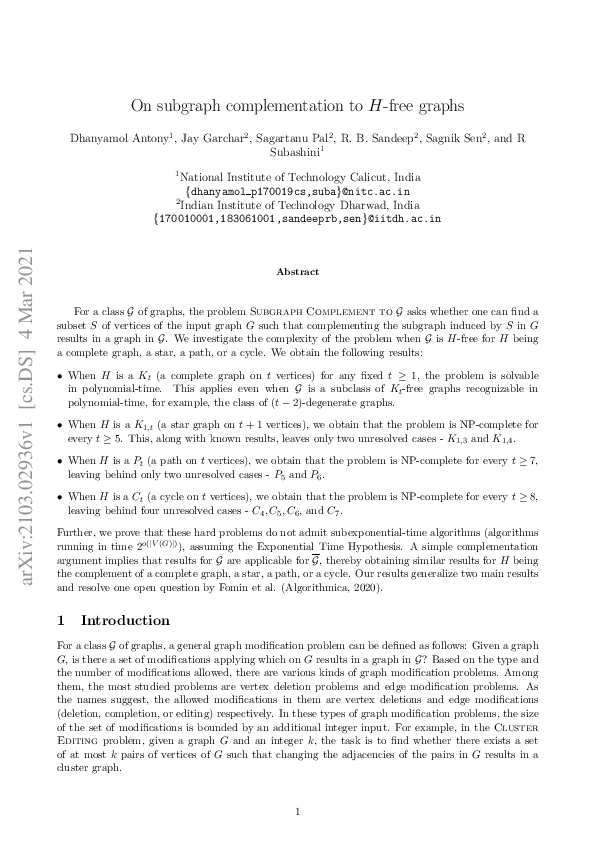 (PDF) On Subgraph Complementation to H-free Graphs