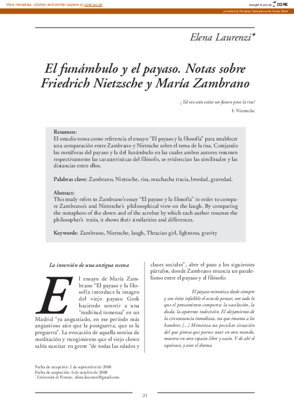 (PDF) El funámbulo y el payaso. Notas sobre Friedrich Nietzsche y María ...