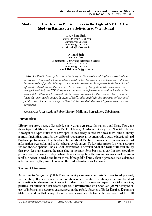 (PDF) Study on the User Need in Public Library in the Light of NML: A ...