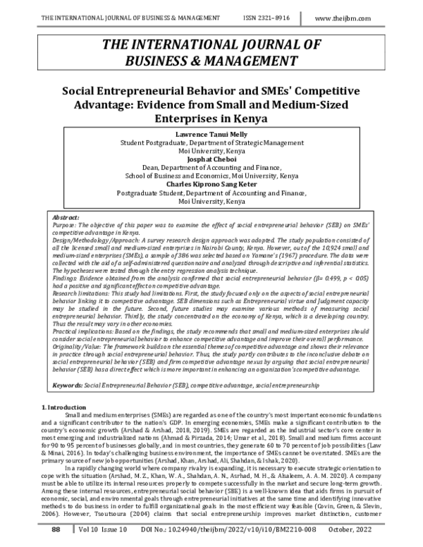 Social Entrepreneurial Behavior and SMEs' Competitive Advantage: Evidence from Small and Medium-Sized Enterprises in Kenya