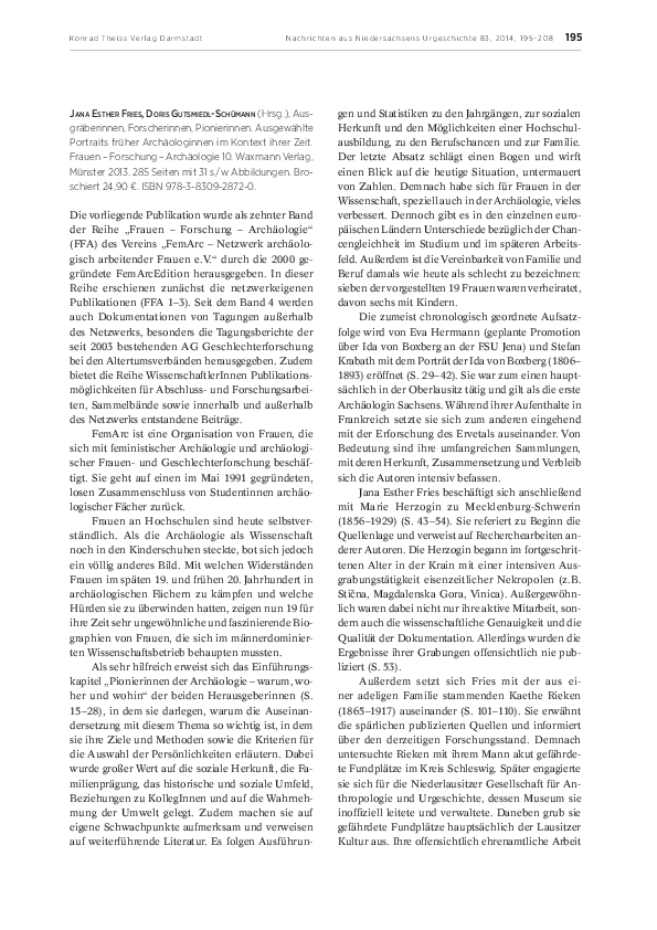 Jana Esther Fries, Doris Gutsmiedl-Schünemann (Hrsg.), Ausgräberinnen, Forscherinnen, Pionierinnen