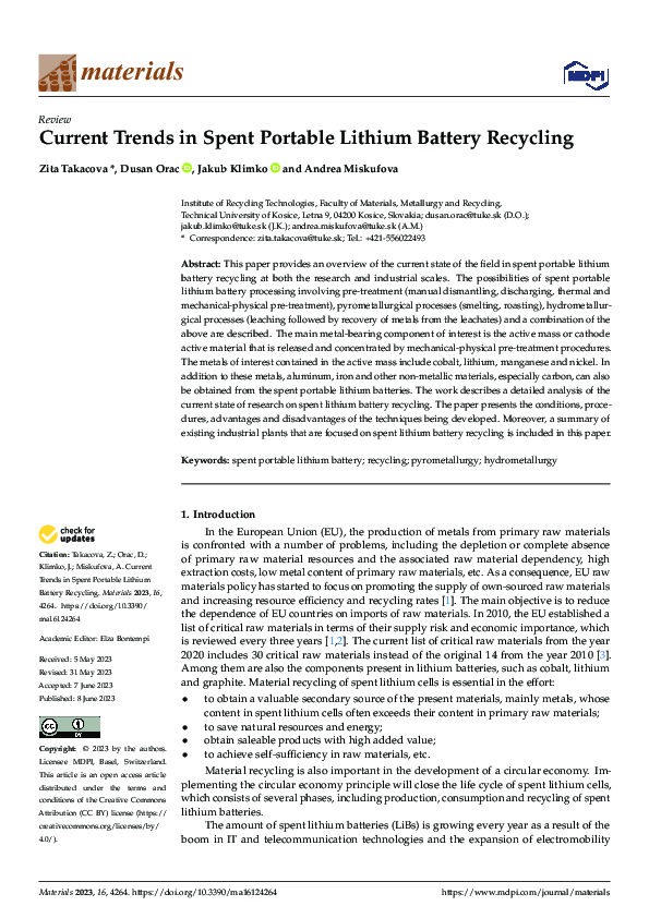 (PDF) Current Trends in Spent Portable Lithium Battery Recycling