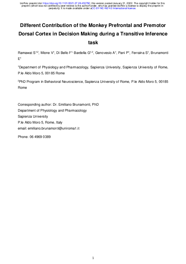 (PDF) Different contribution of the monkey prefrontal and premotor ...