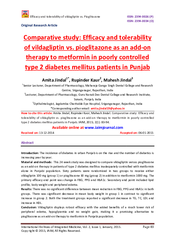 (PDF) Efficacy and tolerability of vildagliptin vs Comparative study ...