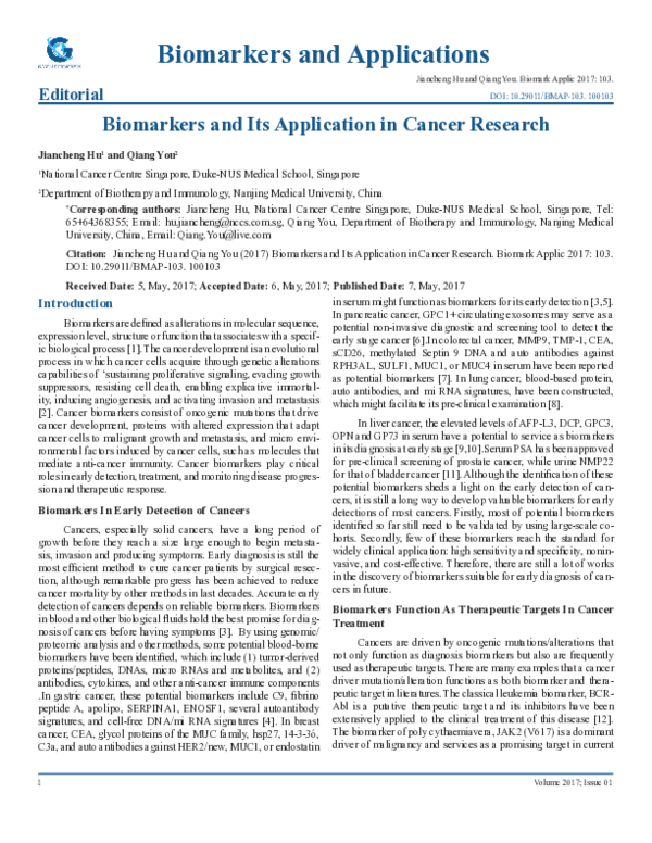 (PDF) Biomarkers and Its Application in Cancer Research