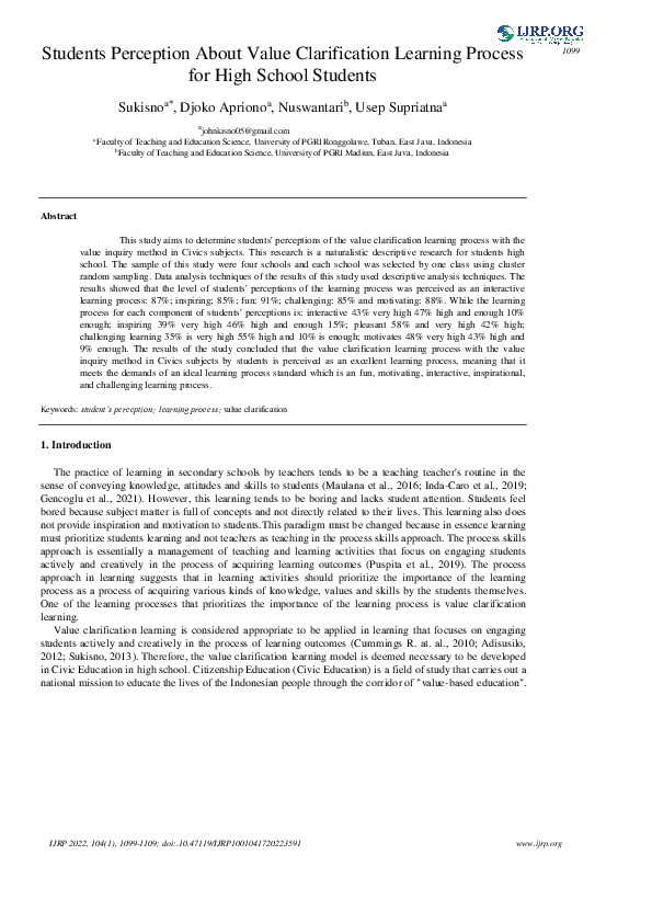 (PDF) Students Perception About Value Clarification Learning Process ...