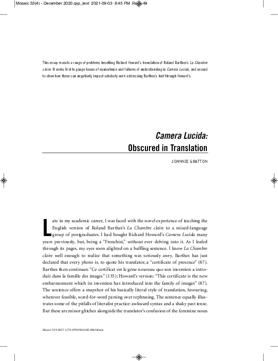 (PDF) Camera Lucida : Obscured in Translation