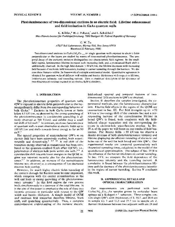 (PDF) Photoluminescence of two-dimensional excitons in an electric ...