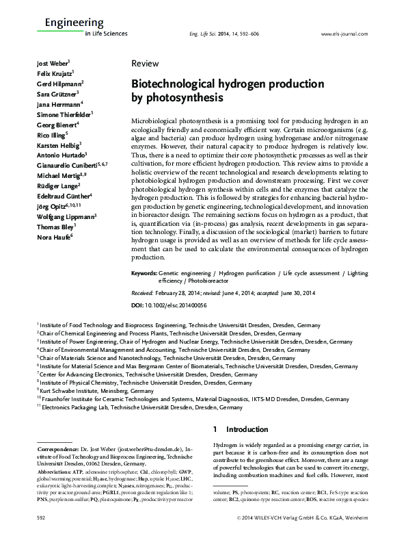 (PDF) Biotechnological hydrogen production by photosynthesis