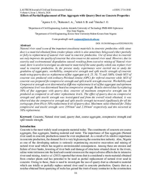 (PDF) Effects of Partial Replacement of Fine Aggregate with Quarry Dust ...
