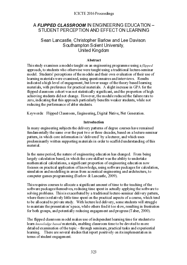 (PDF) A Flipped Classroom in Engineering Education – Student Perception ...