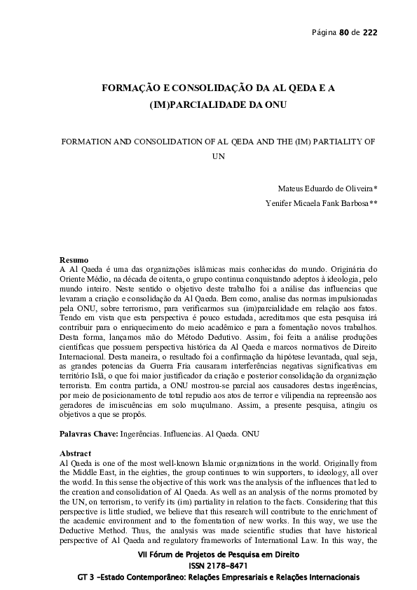 (PDF) FORMAÇÃO E CONSOLIDAÇÃO DA AL QEDA E A (IM)PARCIALIDADE DA ONU