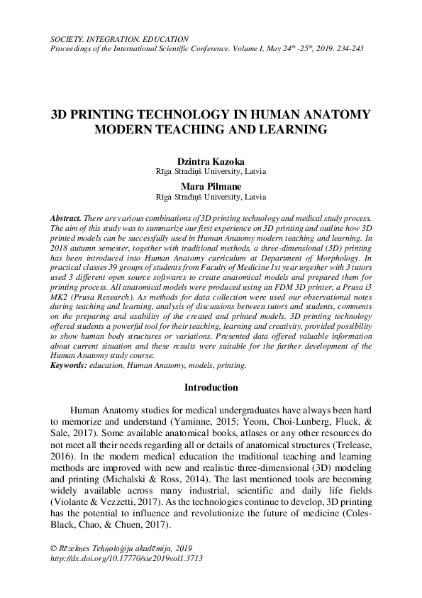 (PDF) 3D Printing Technology in Human Anatomy Modern Teaching and Learning