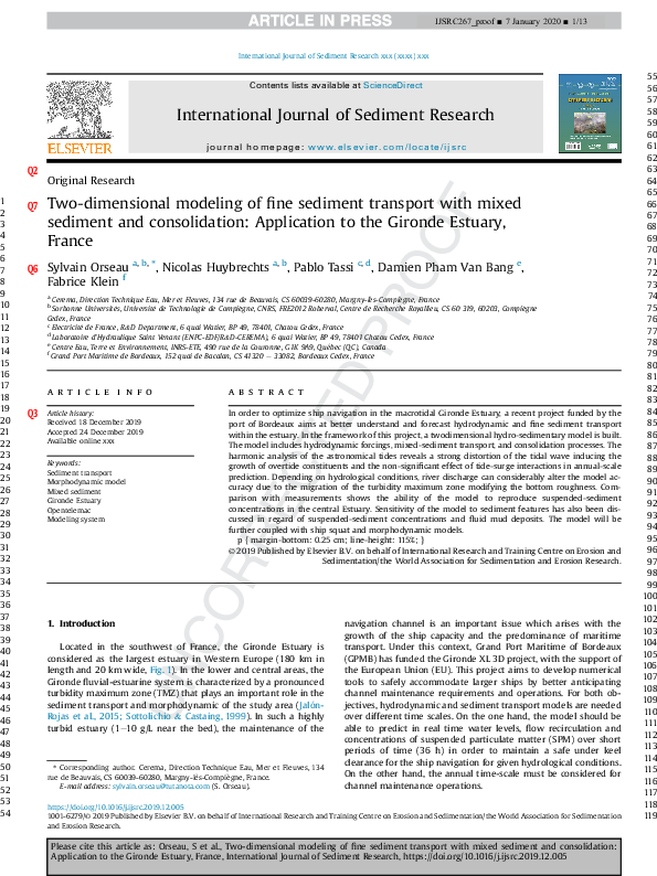 (PDF) Two-dimensional modeling of fine sediment transport with mixed ...