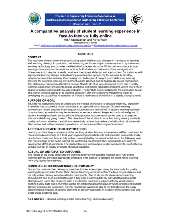 (PDF) A comparative analysis of student learning experience in face-to ...