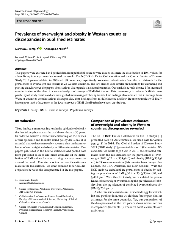 (PDF) Prevalence of overweight and obesity in Western countries ...