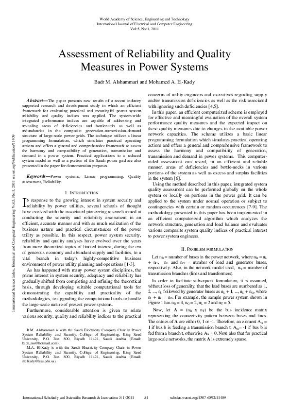 (PDF) Assessment Of Reliability And Quality Measures In Power Systems