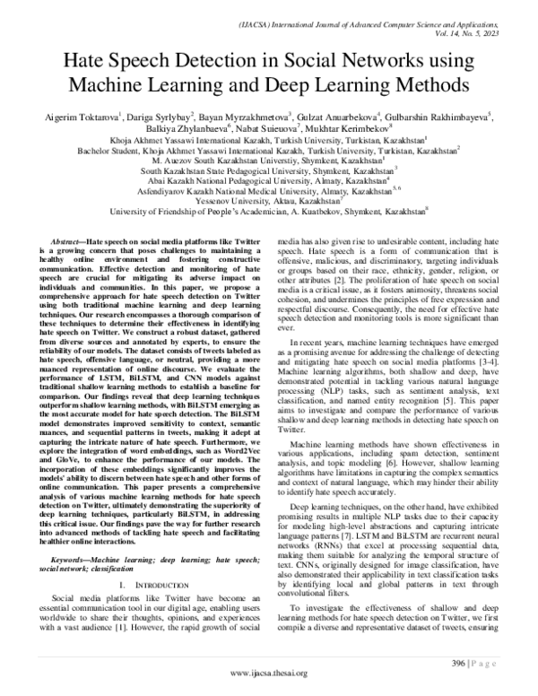 (PDF) Hate Speech Detection in Social Networks using Machine Learning ...
