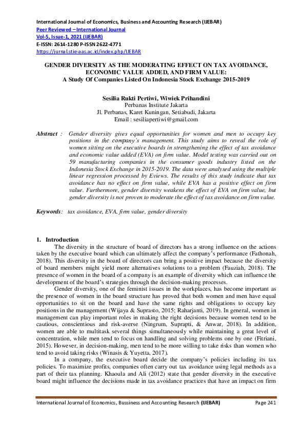 (PDF) Gender Diversity as the Moderating Effect on Tax Avoidance ...