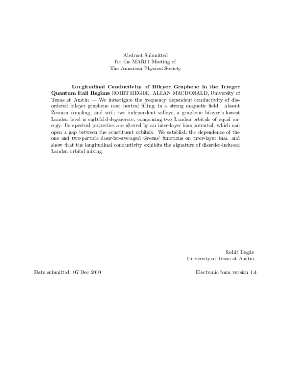 (PDF) Longitudinal Conductivity of Bilayer Graphene in the Integer ...