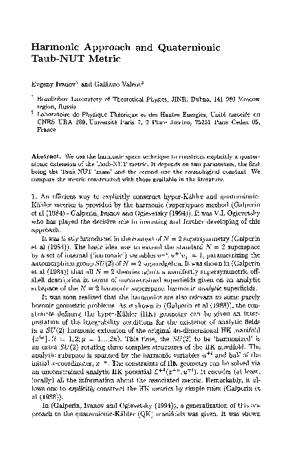 (PDF) Harmonic approach and quaternionic TaubNUT metric Evgeny