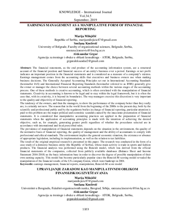 (PDF) Earnings Management as a Manipulative Form of Financial Reporting