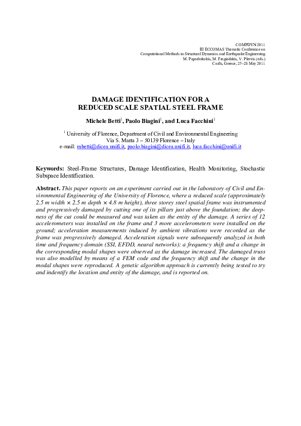 (PDF) Damage identification for a reduced scale spatial steel frame