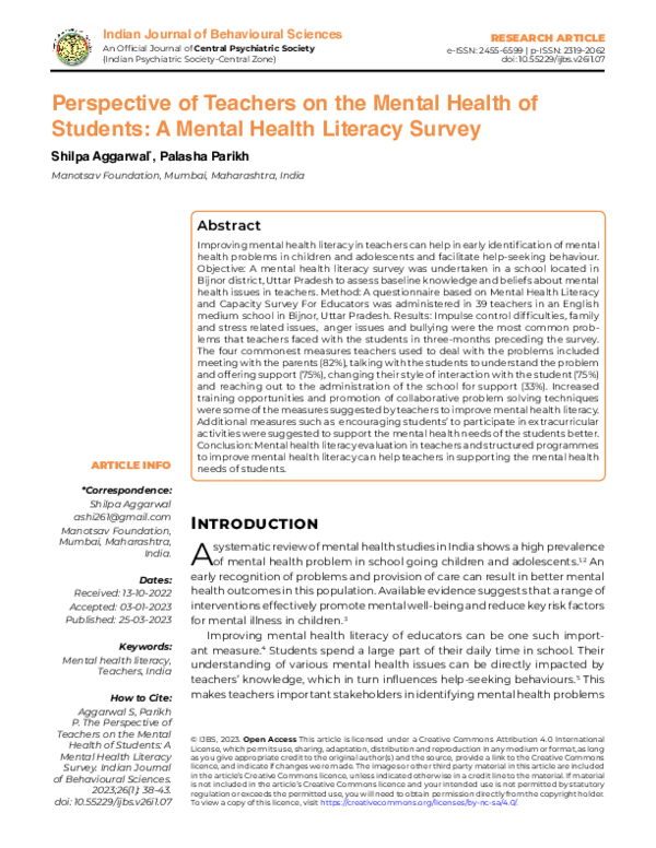 (PDF) Perspective of Teachers on the Mental Health of Students: A ...