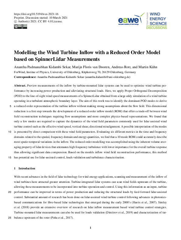 (PDF) Modelling the Wind Turbine Inﬂow with a Reduced Order Model based ...