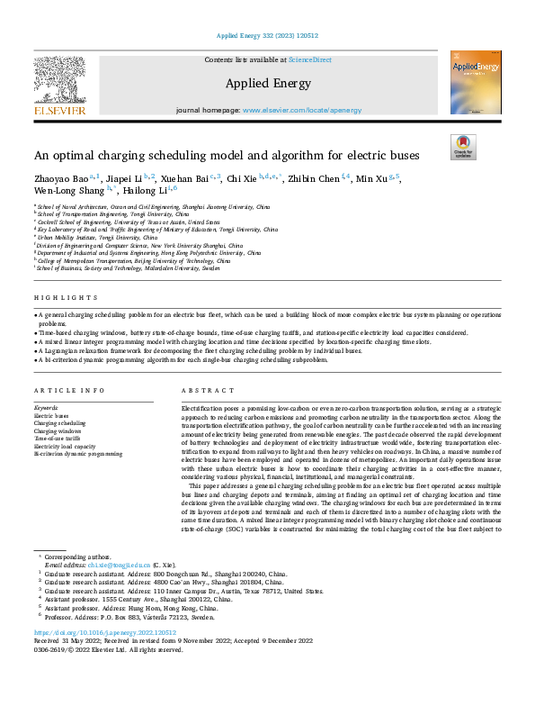 (PDF) An optimal charging scheduling model and algorithm for electric buses