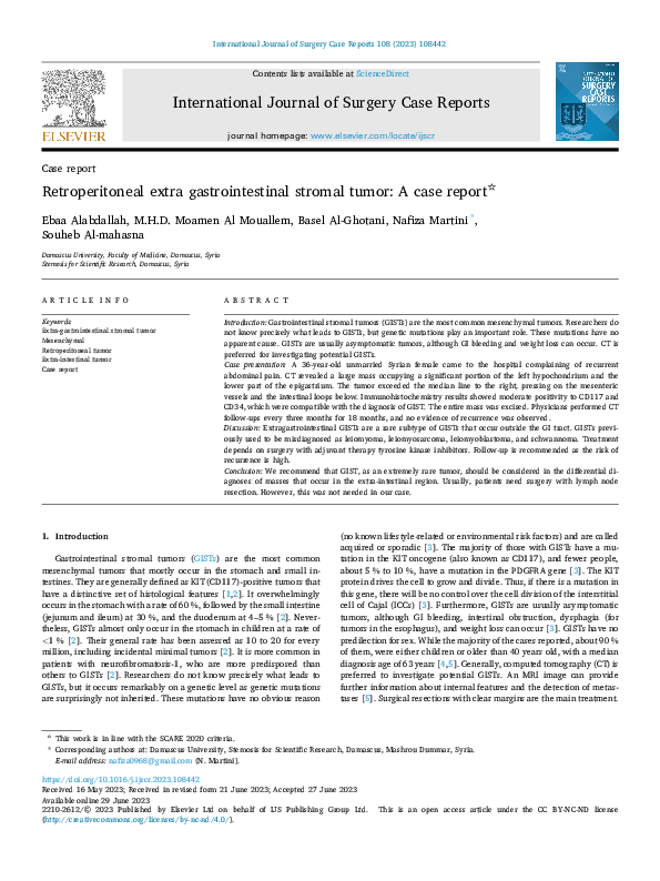(PDF) Retroperitoneal extra gastrointestinal stromal tumor: A case report