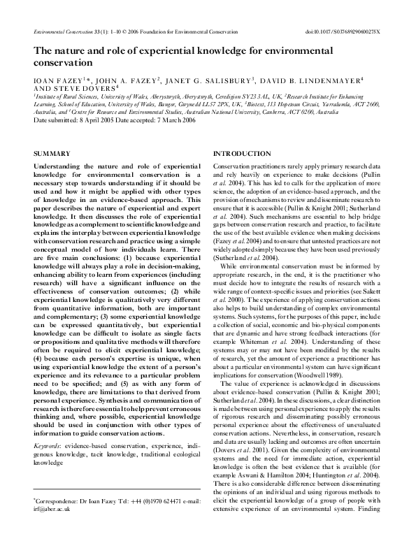 (PDF) The nature and role of experiential knowledge for environmental ...