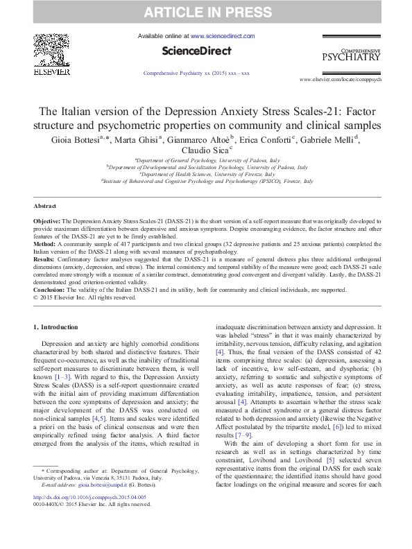 (PDF) The Italian version of the Depression Anxiety Stress Scales-21 ...