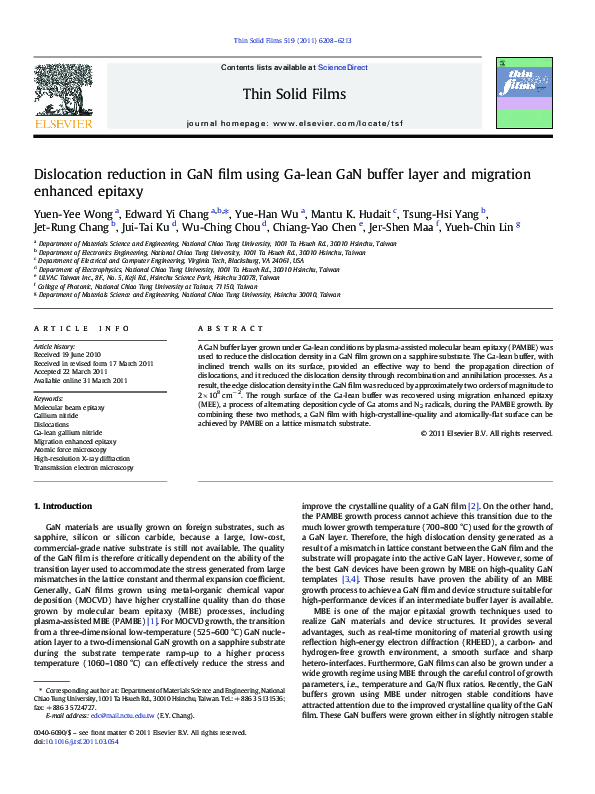 (PDF) Dislocation reduction in GaN film using Ga-lean GaN buffer layer ...