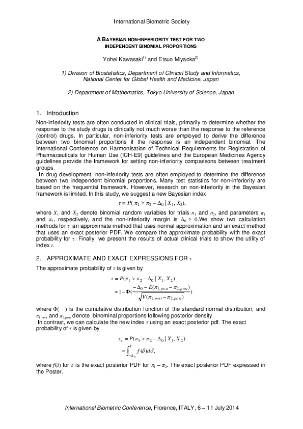 (PDF) A Bayesian non-inferiority test for two independent binomial ...