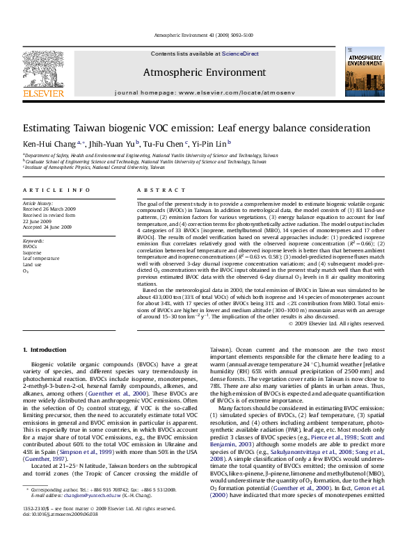 (PDF) Estimating Taiwan biogenic VOC emission: Leaf energy balance ...