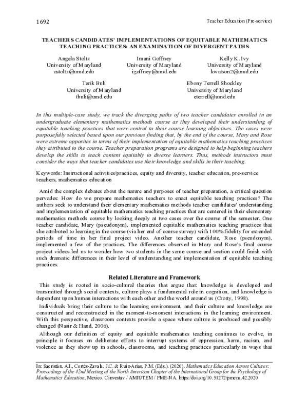 (PDF) Teachers candidates’ implementations of equitable mathematics ...