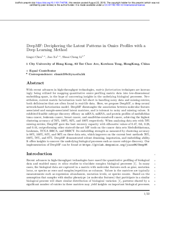 (PDF) DeepMF: Deciphering the Latent Patterns in Omics Profiles with a ...