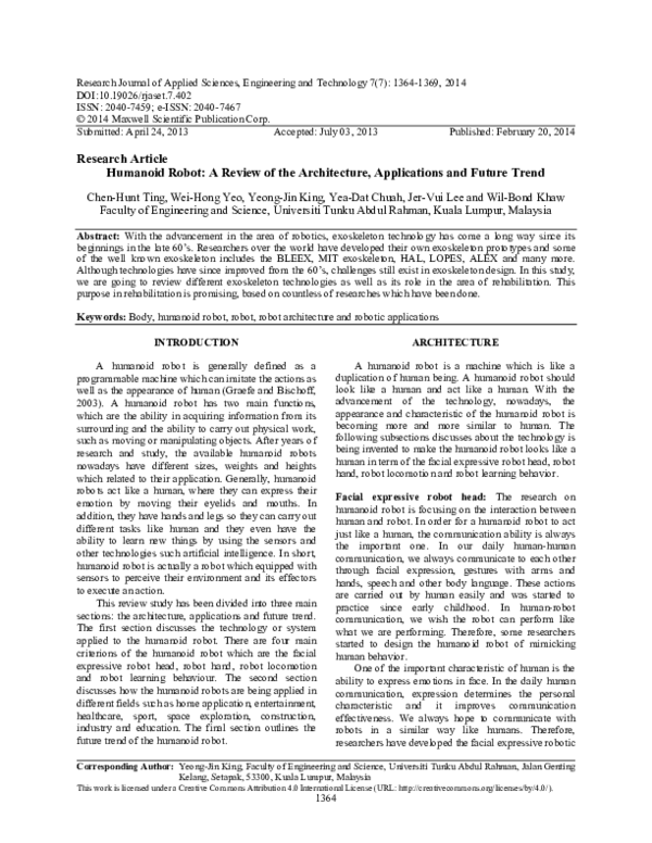(PDF) Humanoid Robot: A Review of the Architecture, Applications and ...